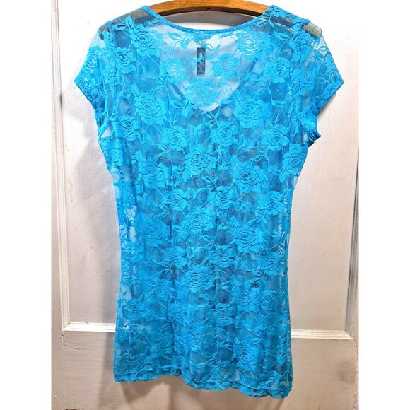 Ransom Sheer Netting Top with Fleur de Lis Design Blue Size Large Short Sleeve - Picture 2 of 5